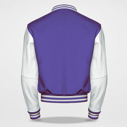 purple and white letterman jacket back side