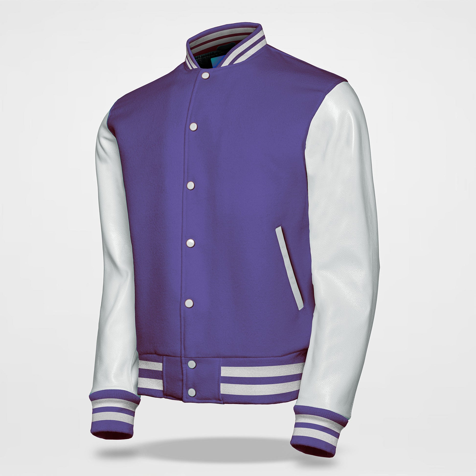 purple and white letterman jacket side pose