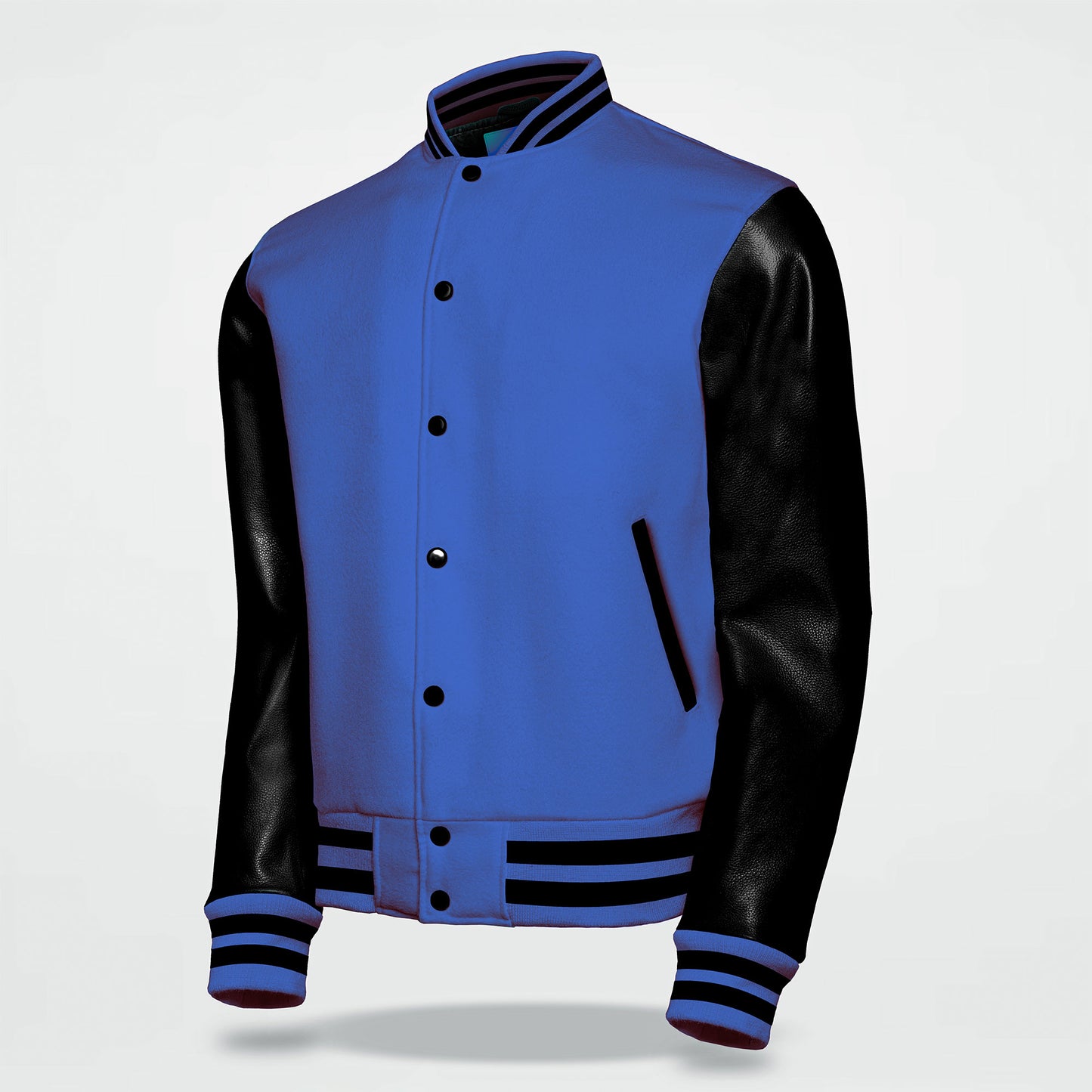 royal blue letterman jackets black sleeves side pose