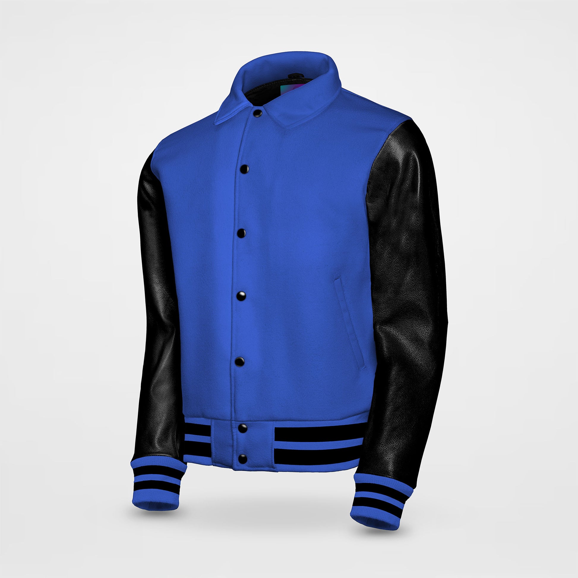 royal blue letterman jackets collared with black sleeves side pose
