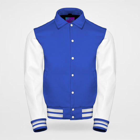 royal blue letterman jackets collared with white sleeves front side