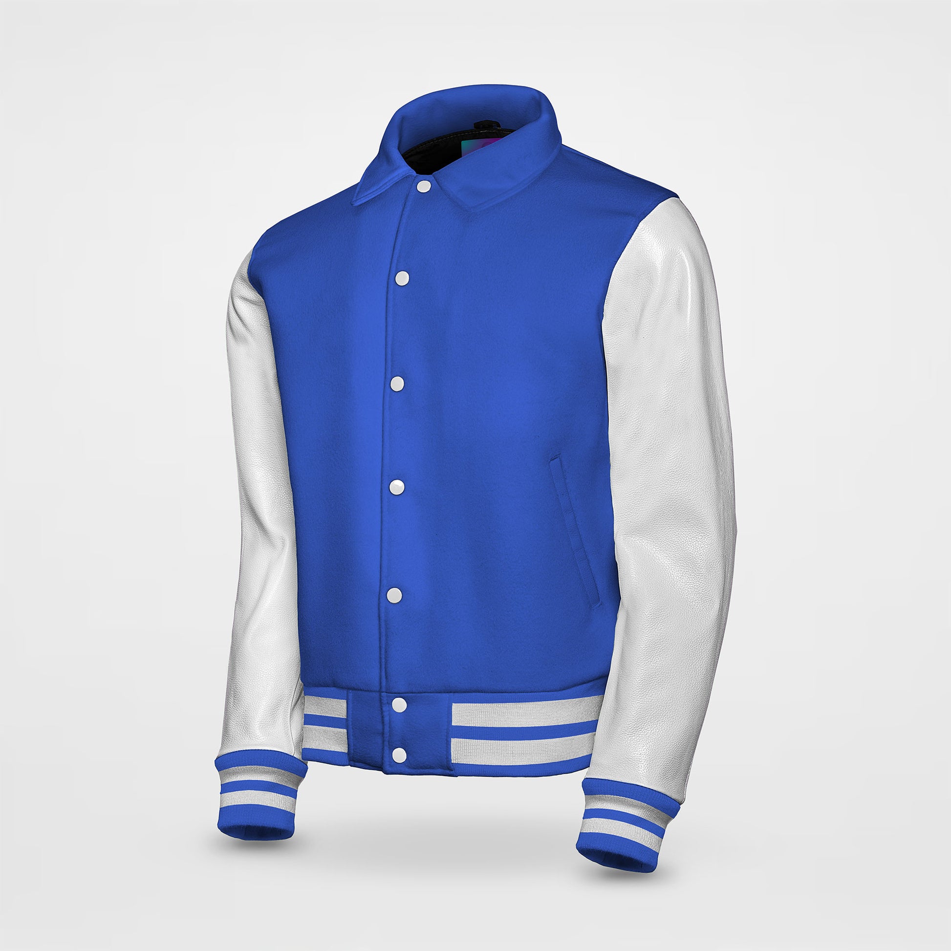 royal blue letterman jackets collared with white sleeves side pose