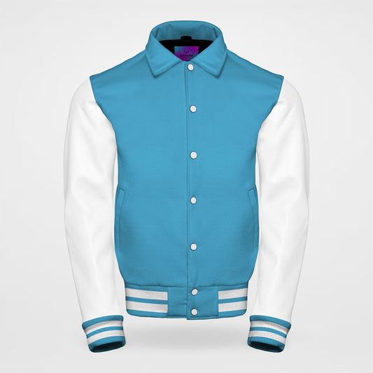 sky blue varsity jacket mens collared with white sleeves front side