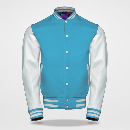 sky blue varsity jacket men's white arms front side