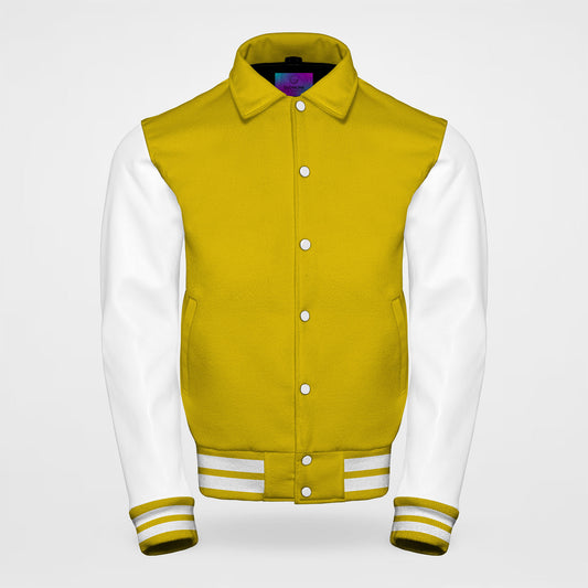 vintage letterman jacket collared with golden body and white sleeves front side