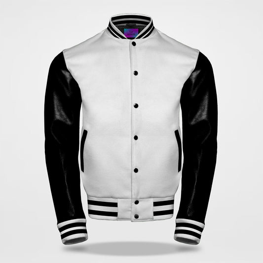 white and black varsity letterman jacket front side