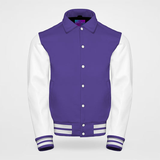 white and purple letterman jacket collared front side